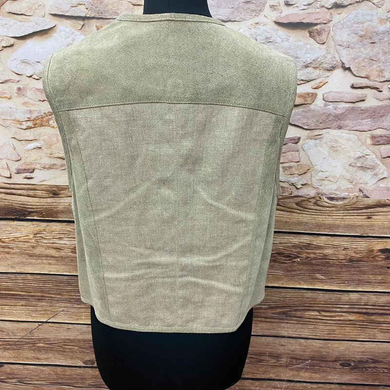 „Rückseite Trachtenweste Damen Veloursleder beige schlichter Schnitt Landhausstil“
