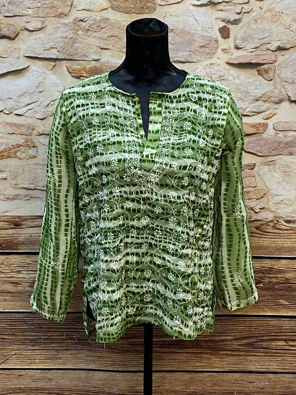 „Vintage Tunika Damen grün mit Stickerei Boho Bluse V-Ausschnitt“