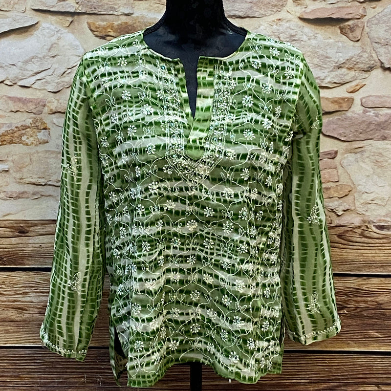 „Vintage Tunika Damen grün mit Stickerei Boho Bluse V-Ausschnitt“