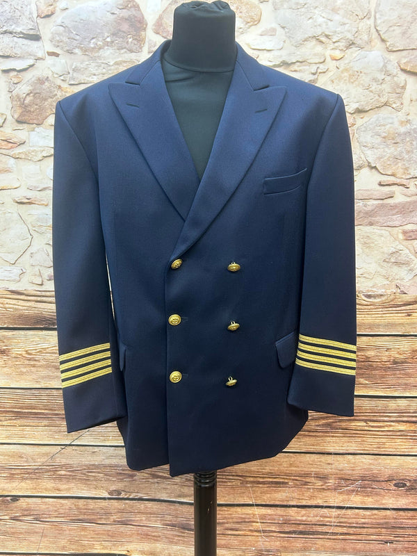 Marineblaues Vintage Uniform Sakko für Herren mit goldenen Ankerknöpfen und vier Goldlitzen, Größe 27,5 Kurzgröße.