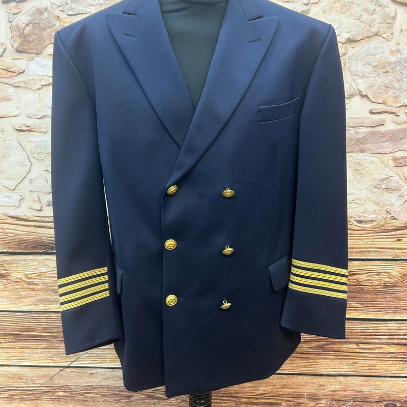 Marineblaues Vintage Uniform Sakko für Herren mit goldenen Ankerknöpfen und vier Goldlitzen, Größe 27,5 Kurzgröße.