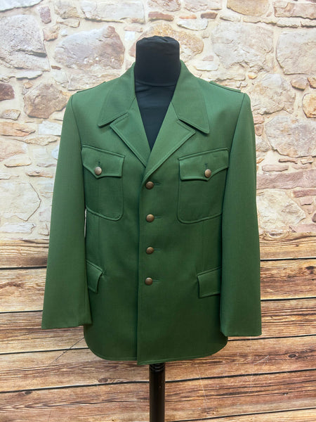 Grüne Vintage-Uniformjacke aus Schurwolle-Polyester mit Knöpfen und Schulterklappen, Größe 50