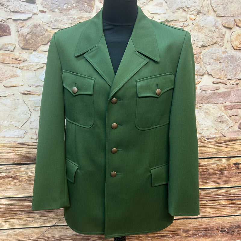 Grüne Vintage-Uniformjacke aus Schurwolle-Polyester mit Knöpfen und Schulterklappen, Größe 50