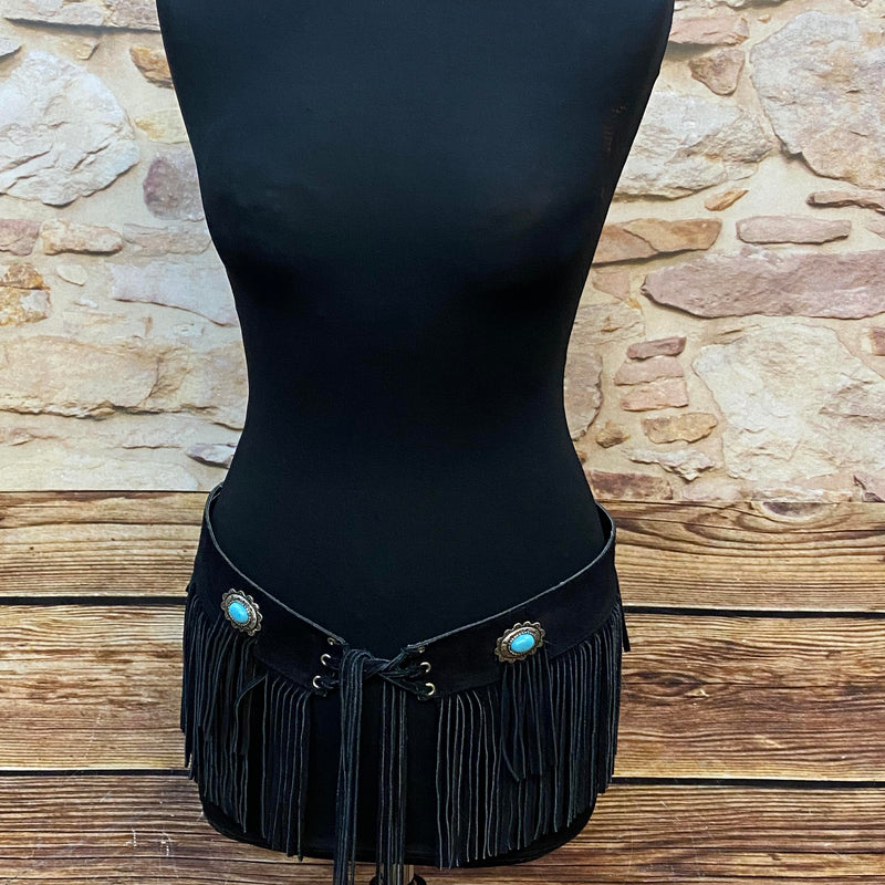 „Vintage Western Gürtel schwarz Leder mit Fransen und Türkis Schmuckelementen“