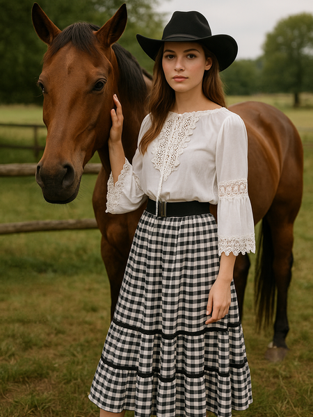 Vintage Damen Western-Outfit bestehend aus weißer Spitzenbluse, schwarz-weiß kariertem Rock, schwarzem Gürtel und schwarzem Cowboyhut „Bullrider Jr.“ in Größe 38/M (Hut 55/56), sehr guter Zustand, ideal für Country- und Westernliebhaberinnen.