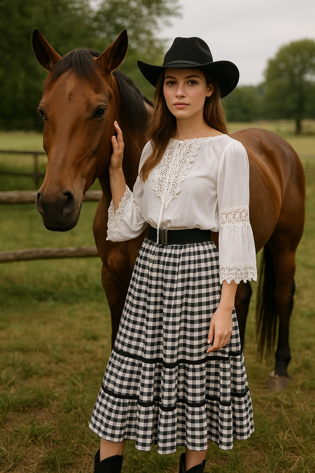 Vintage Damen Western-Outfit bestehend aus weißer Spitzenbluse, schwarz-weiß kariertem Rock, schwarzem Gürtel und schwarzem Cowboyhut „Bullrider Jr.“ in Größe 38/M (Hut 55/56), sehr guter Zustand, ideal für Country- und Westernliebhaberinnen.