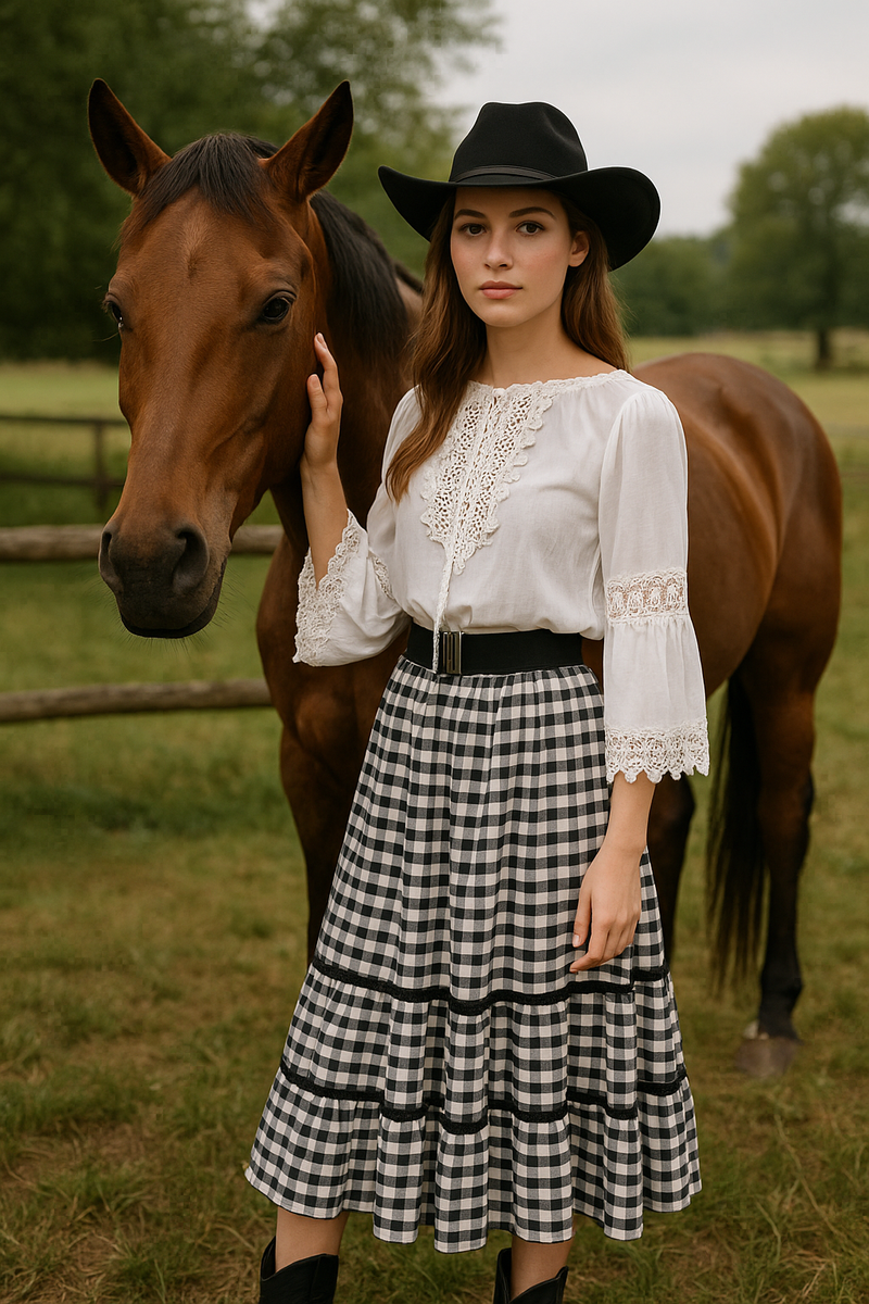 Vintage Damen Western-Outfit bestehend aus weißer Spitzenbluse, schwarz-weiß kariertem Rock, schwarzem Gürtel und schwarzem Cowboyhut „Bullrider Jr.“ in Größe 38/M (Hut 55/56), sehr guter Zustand, ideal für Country- und Westernliebhaberinnen.