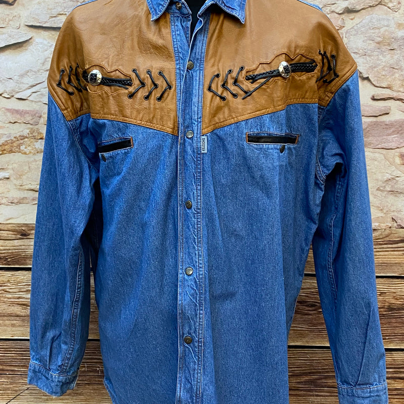 „Vintage Westernhemd Herren Denim blau mit Kunstleder Cognac Größe XXL Shooter“