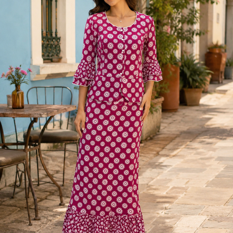 Model trägt knöchellangen magenta Vintage-Zweiteiler mit weißem Blumenmuster in sommerlicher Altstadt-Umgebung