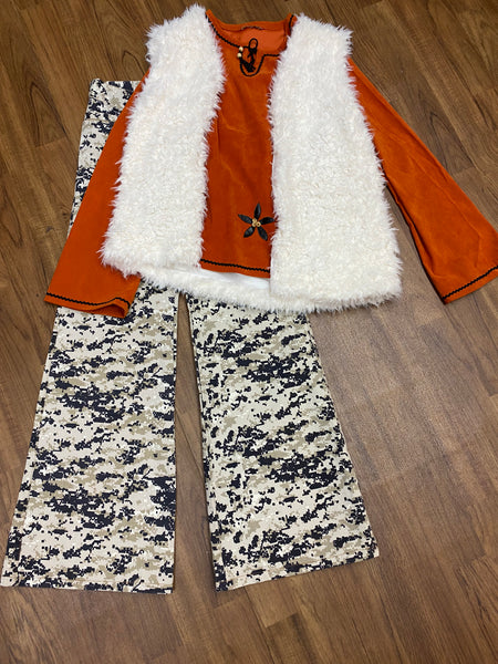 70er Jahre Vintage Kostüm Gr.38 mit Tunika in Orange, helle Fellweste und gemusterte Schlaghose, 