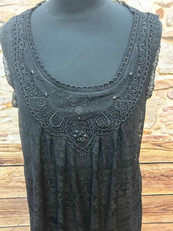 Schwarzes 80er-Spitzenkleid – Größe L