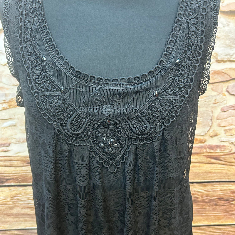Schwarzes 80er-Spitzenkleid – Größe L