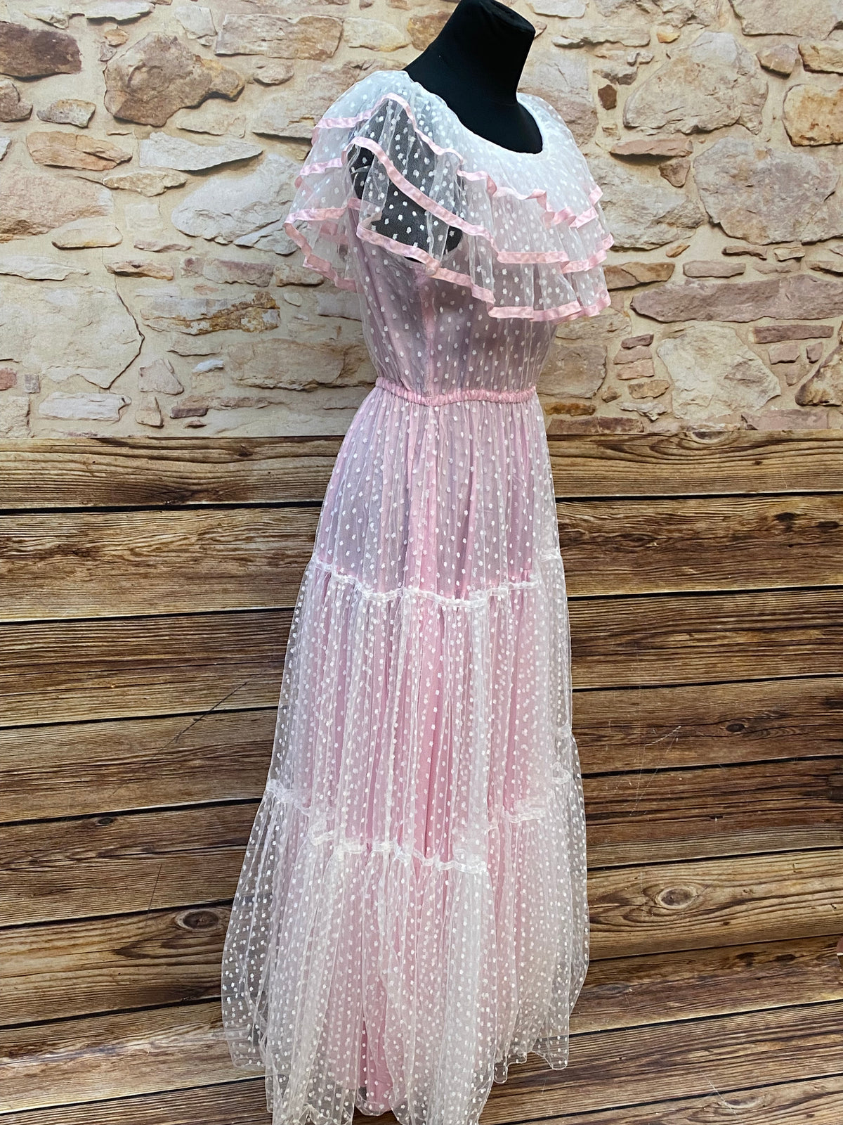 50er Jahre Vintage Ballkleid in rosa mit Polka Dots Gr.34