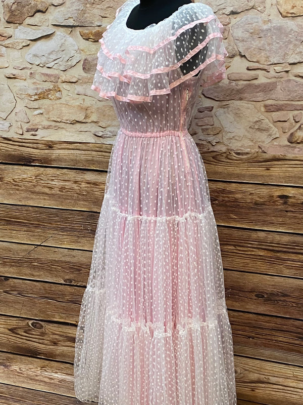 50er Jahre Vintage Ballkleid in rosa mit Polka Dots Gr.34