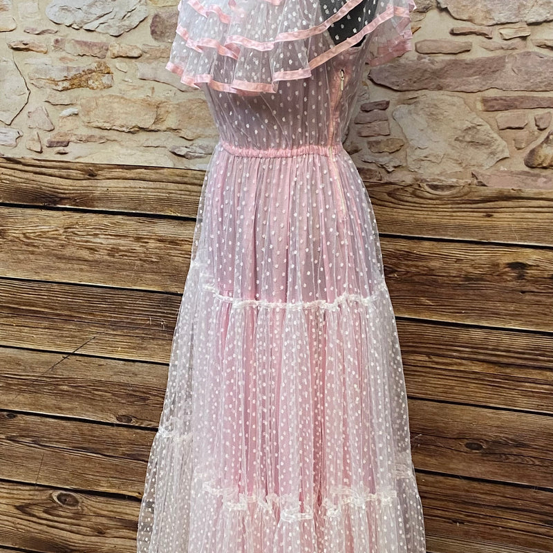 50er Jahre Vintage Ballkleid in rosa mit Polka Dots Gr.34
