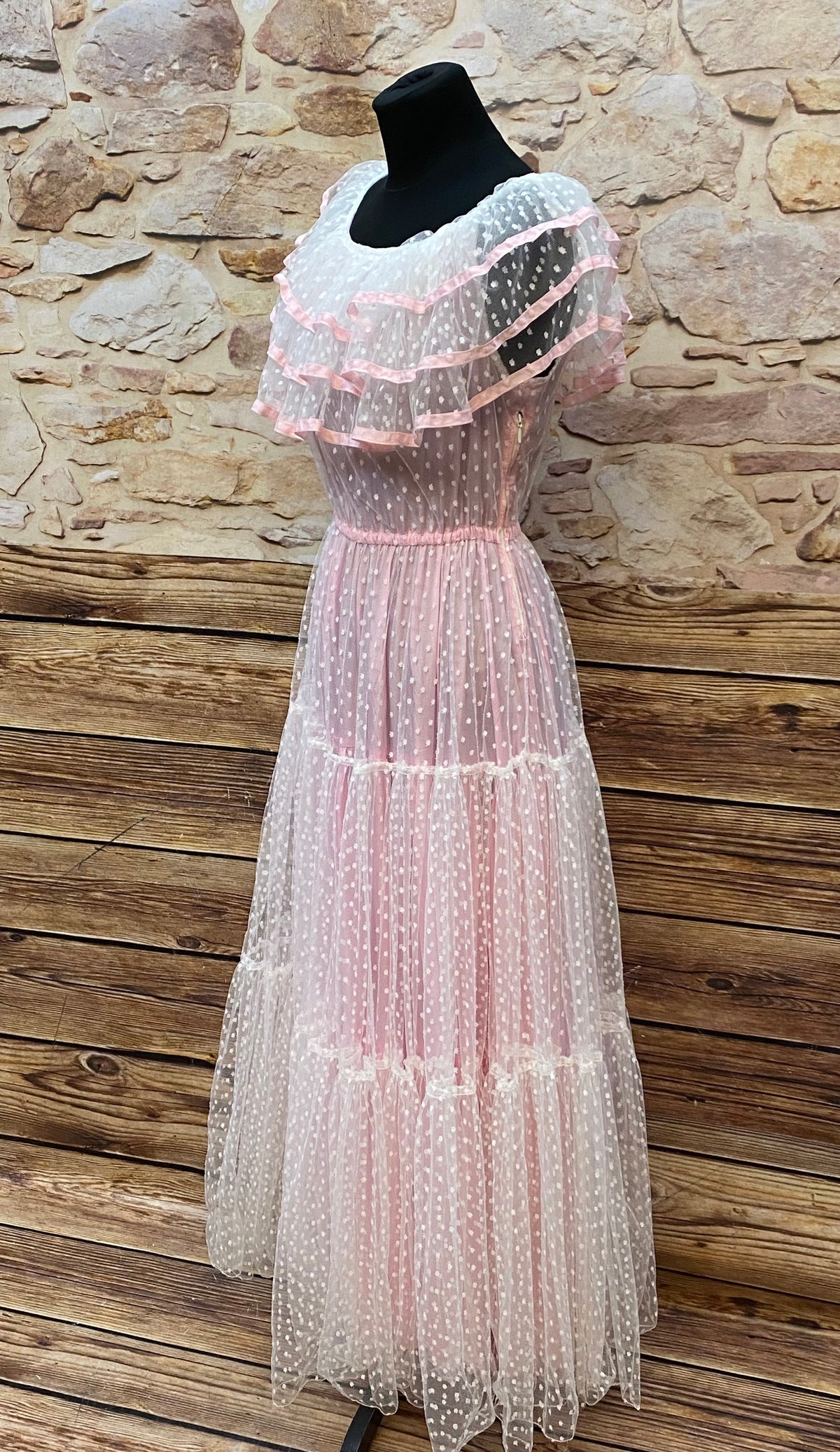 50er Jahre Vintage Ballkleid in rosa mit Polka Dots Gr.34