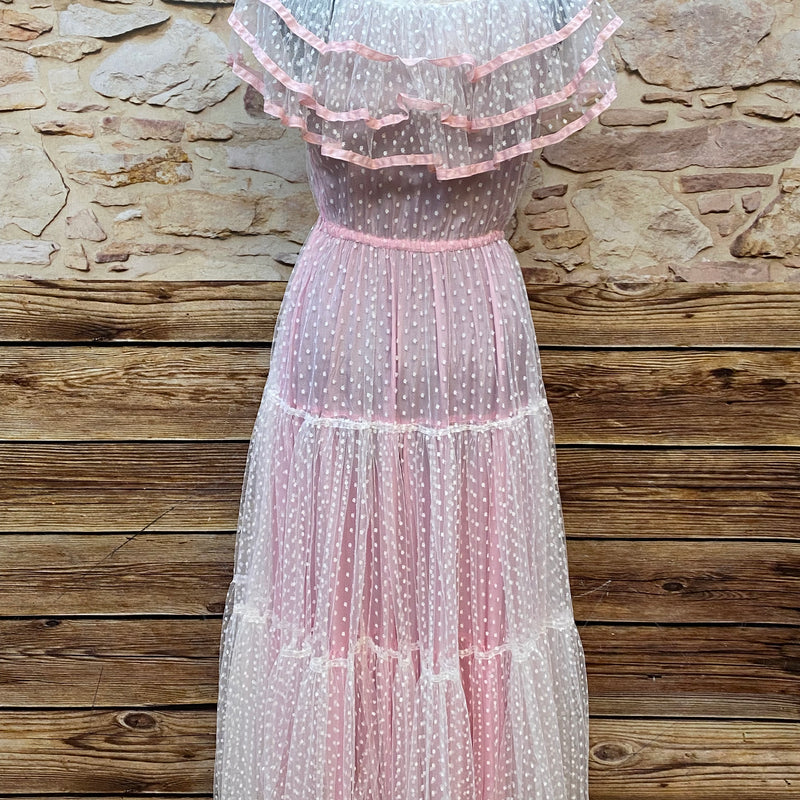 50er Jahre Vintage Ballkleid in rosa mit Polka Dots Gr.34