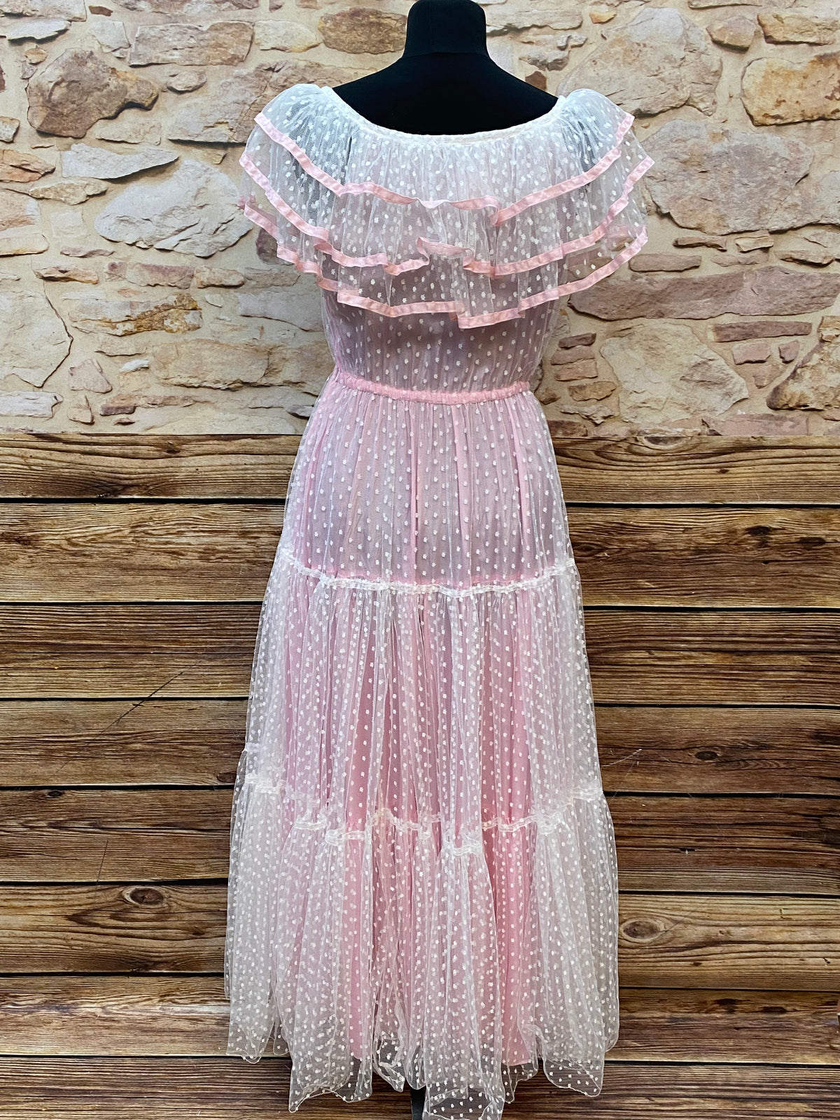 50er Jahre Vintage Ballkleid in rosa mit Polka Dots Gr.34