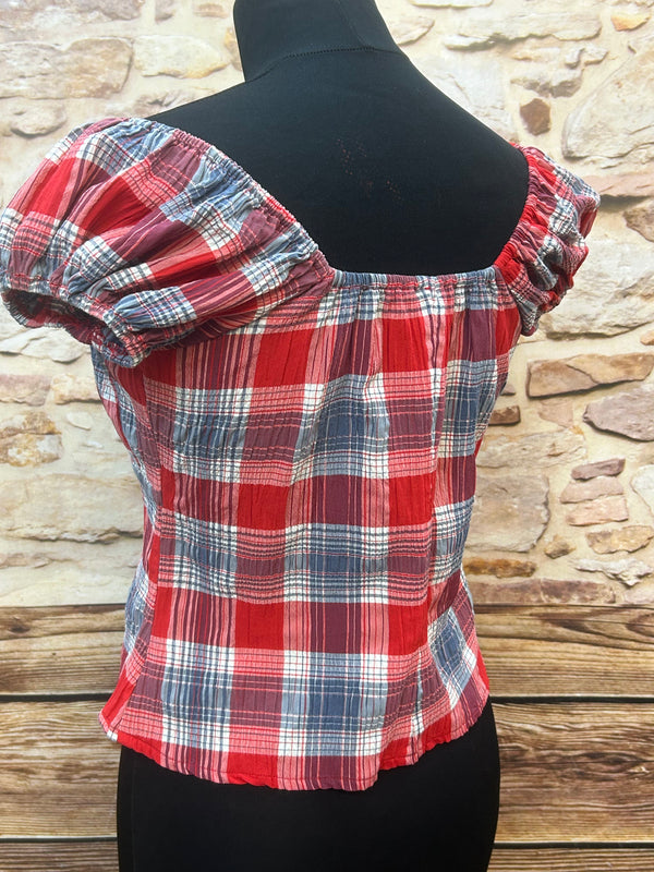 Vintage-Bluse mit Karo-Muster in Rot/Blau – Gr. 38
