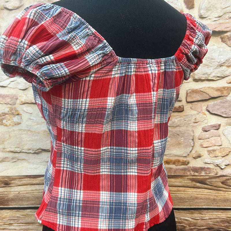 Vintage-Bluse mit Karo-Muster in Rot/Blau – Gr. 38