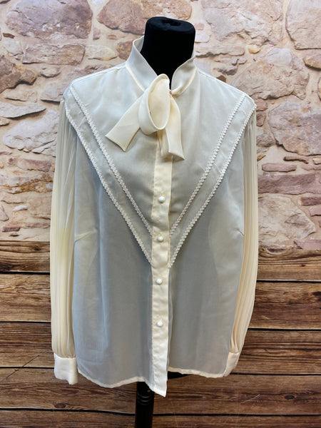 Vintage-Schluppenbluse mit Perlendetail in Elfenbein, Größe XL