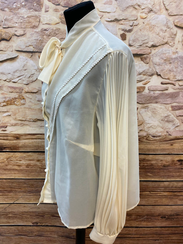 Vintage-Schluppenbluse mit Perlendetail in Elfenbein, Größe XL