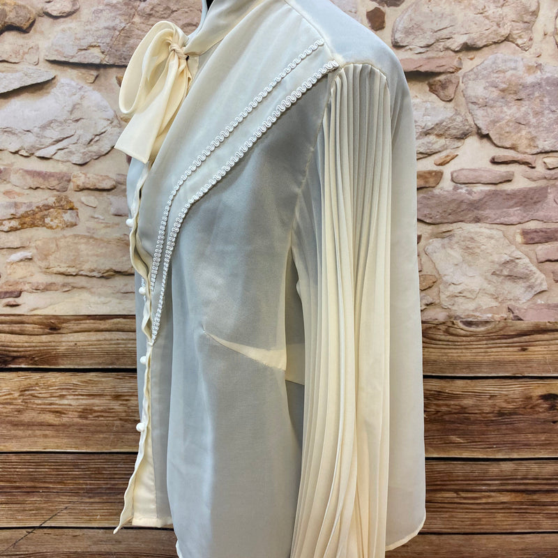 Vintage-Schluppenbluse mit Perlendetail in Elfenbein, Größe XL