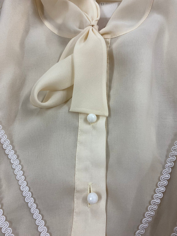 Vintage-Schluppenbluse mit Perlendetail in Elfenbein, Größe XL