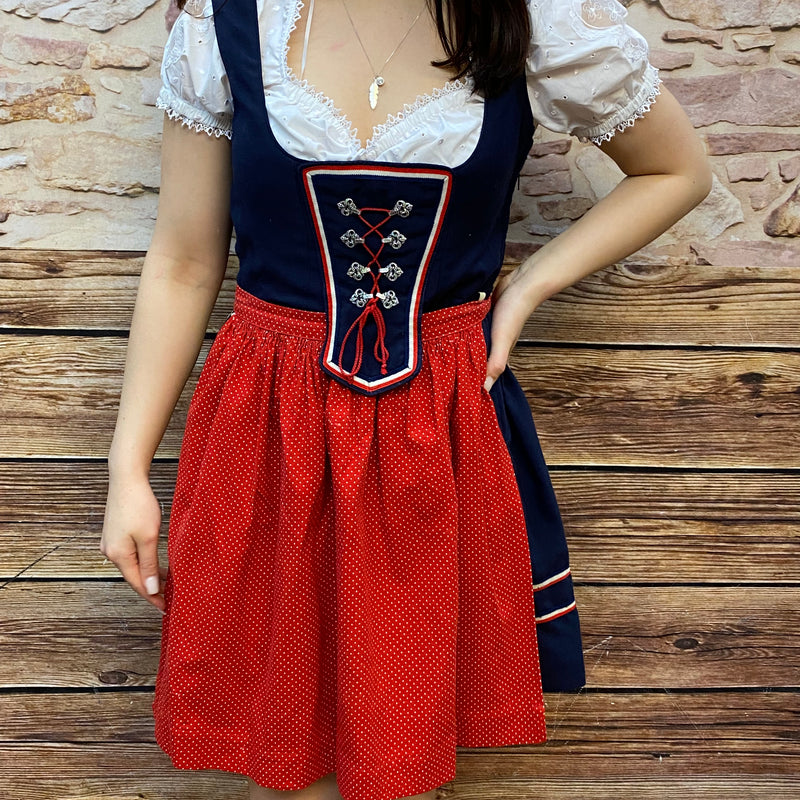 Fesches dunkelblaues Balkonett-Dirndl Vintage Dirndlkleid Gr. 34, mit roter Schürze