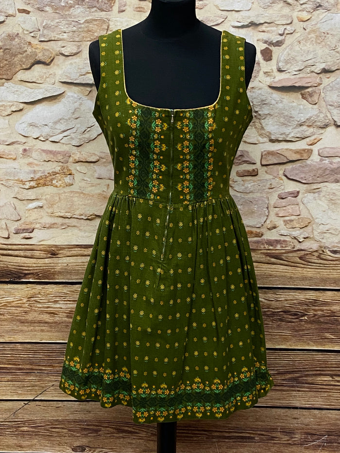 Geblümtes 60er Jahre Vintage Dirndl grün gelbe Blüten Gr.34