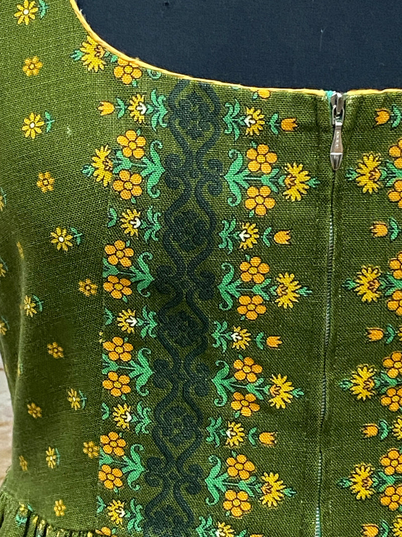 Floral années 60 vintage dirndl vert fleurs jaunes taille 34