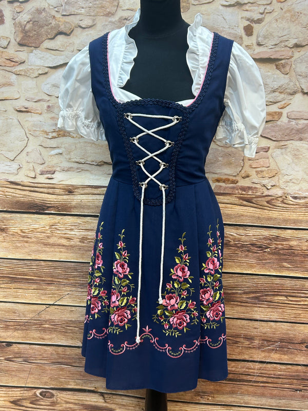 Besticktes Vintage Dirndl 3-teilig | Gr. 44 – Dunkelblau & Rosa