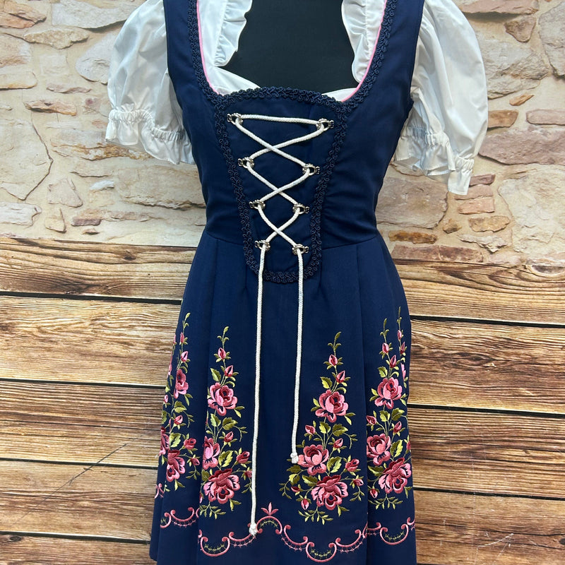 Besticktes Vintage Dirndl 3-teilig | Gr. 44 – Dunkelblau & Rosa