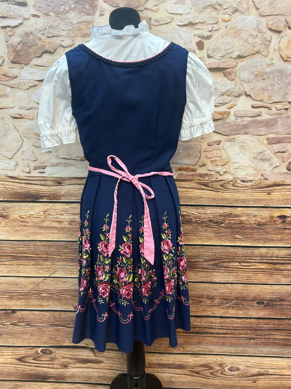 Besticktes Vintage Dirndl 3-teilig | Gr. 44 – Dunkelblau & Rosa