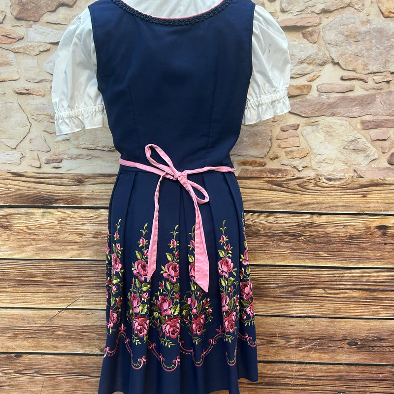 Besticktes Vintage Dirndl 3-teilig | Gr. 44 – Dunkelblau & Rosa