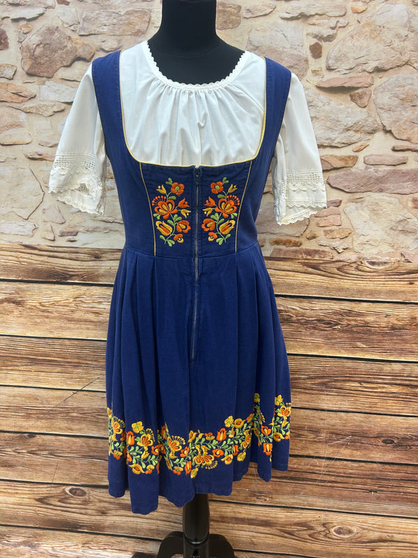 Vintage Dirndl 3-teilig, Stickerei | Gr. 38/40 – Blau & Gelb