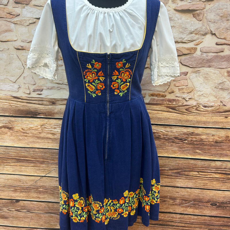 Vintage Dirndl 3-teilig, Stickerei | Gr. 38/40 – Blau & Gelb