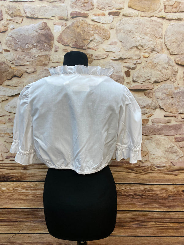 Vintage Dirndlbluse Edel Herz – Raffung, Rüschenkragen, Gr. 44 (fällt größer aus)