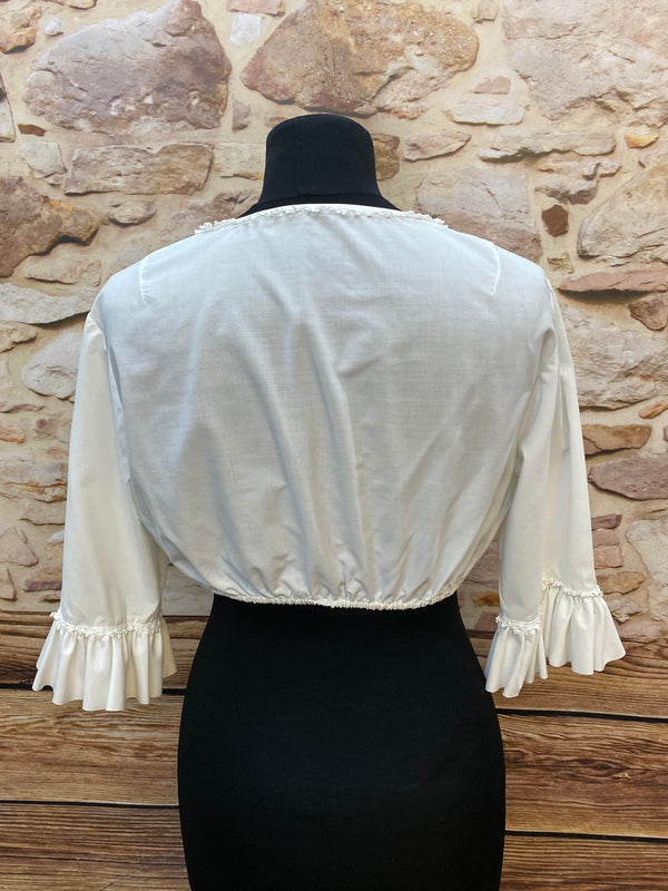 Vintage Dirndlbluse Weiß Gr. 44 – Trachtenbluse mit Rüschen, Spitze & traditionellen Silberknöpfen