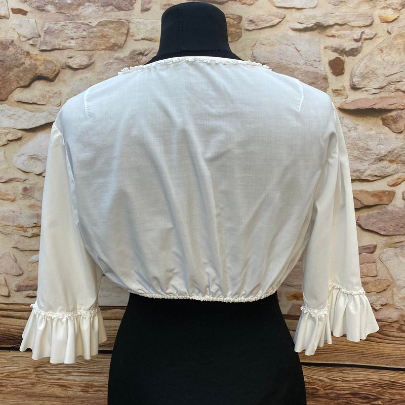 Vintage Dirndlbluse Weiß Gr. 44 – Trachtenbluse mit Rüschen, Spitze & traditionellen Silberknöpfen