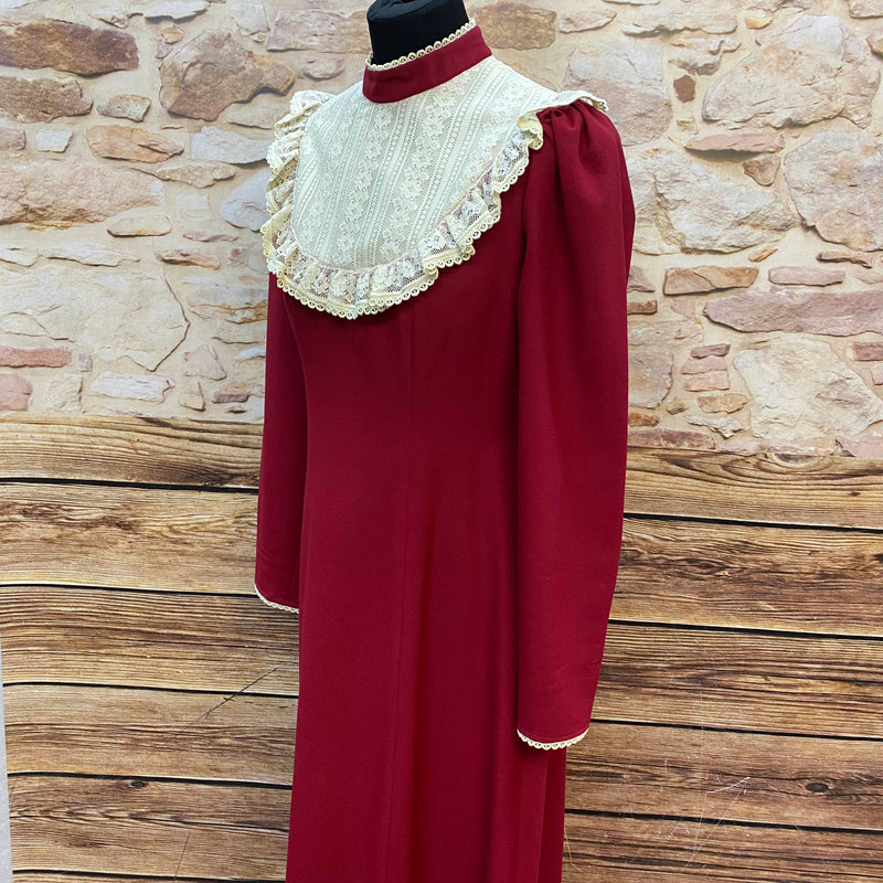 Elegantes Vintage-Kleid in Bordeauxrot mit Spitzenbesatz – Größe 38