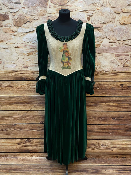 Vintage-Kleid mit Samt und Stickerei dunkelgrün-beige Gr.42