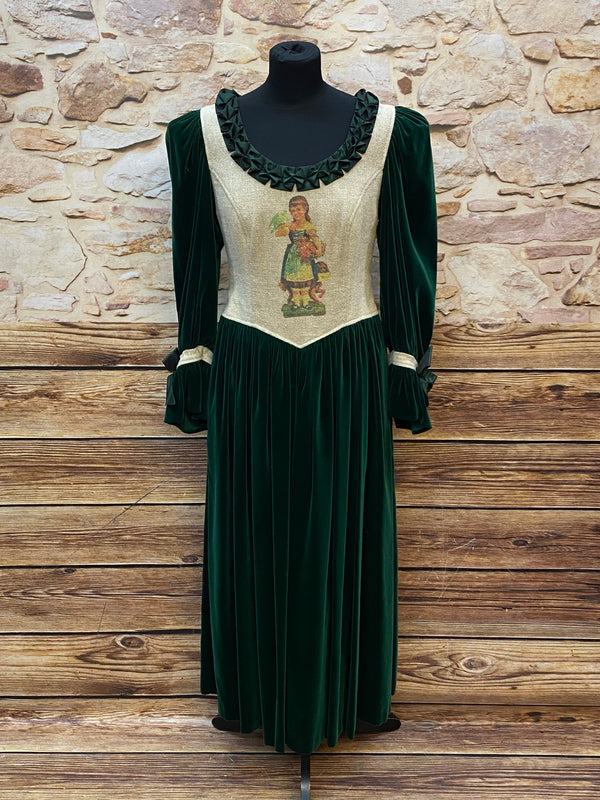 Vintage-Kleid mit Samt und Stickerei dunkelgrün-beige Gr.42