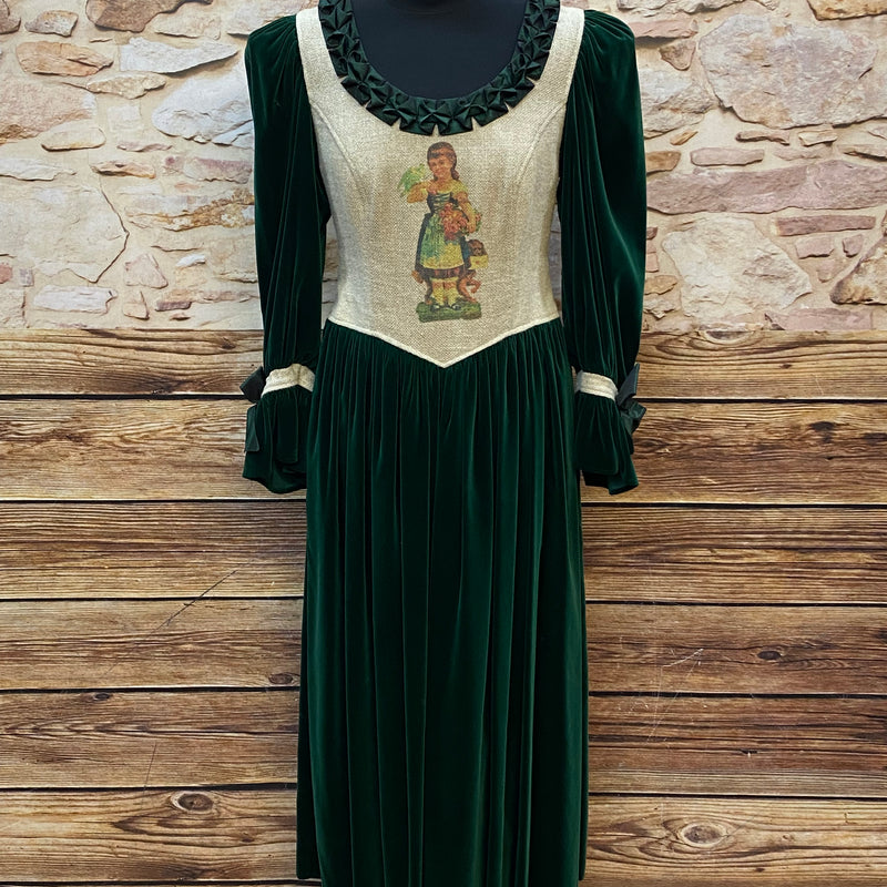Vintage-Kleid mit Samt und Stickerei dunkelgrün-beige Gr.42