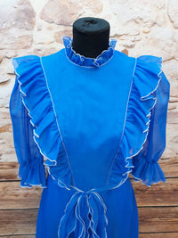 Robe vintage longue à volants, bleue taille 34 