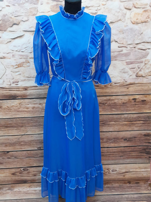 Vintage Rüschenkleid lang, blau Gr.34/36