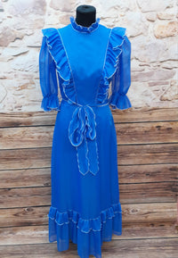 Vintage Rüschenkleid lang, blau Gr.34/36