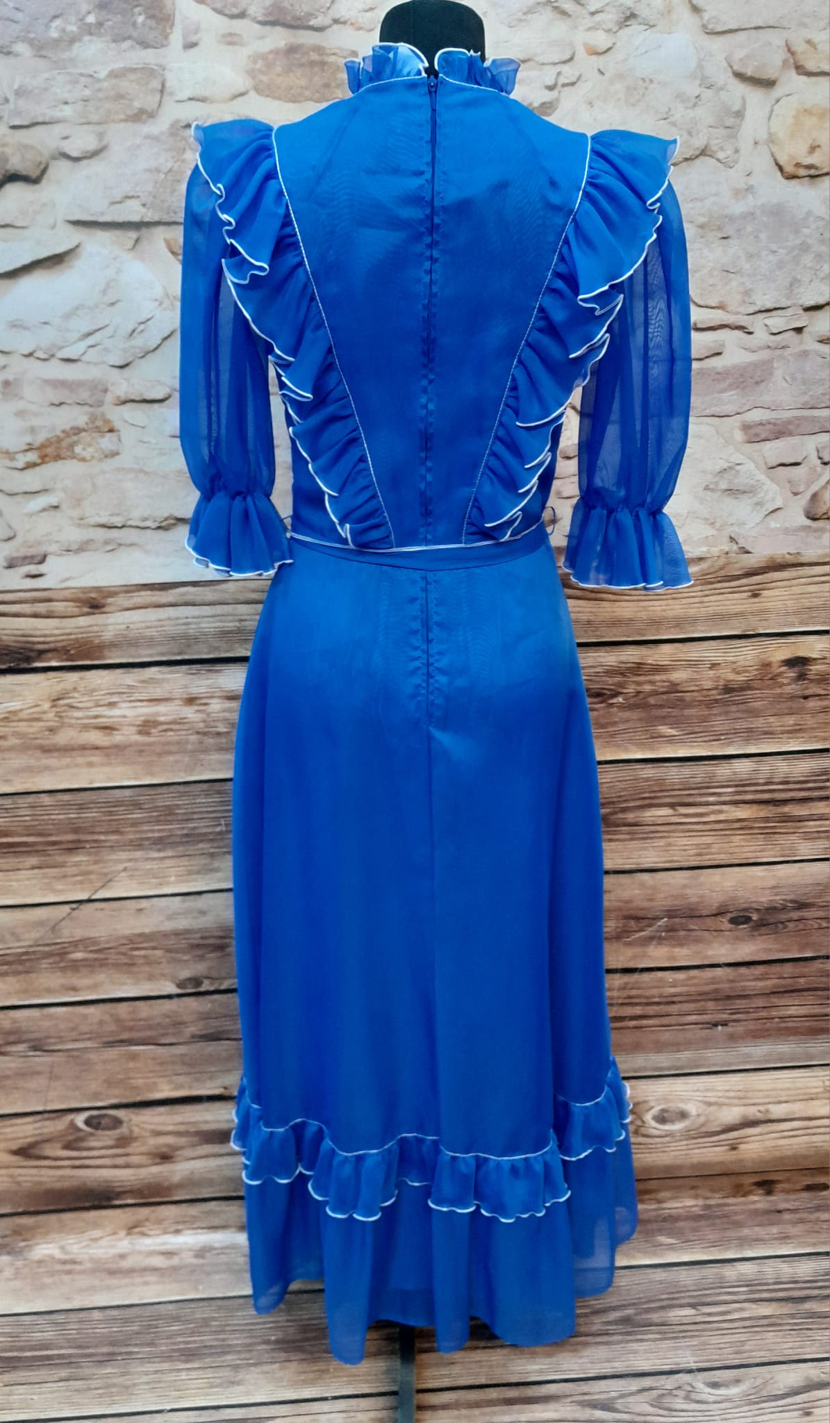 Robe vintage longue à volants, bleue taille 34 