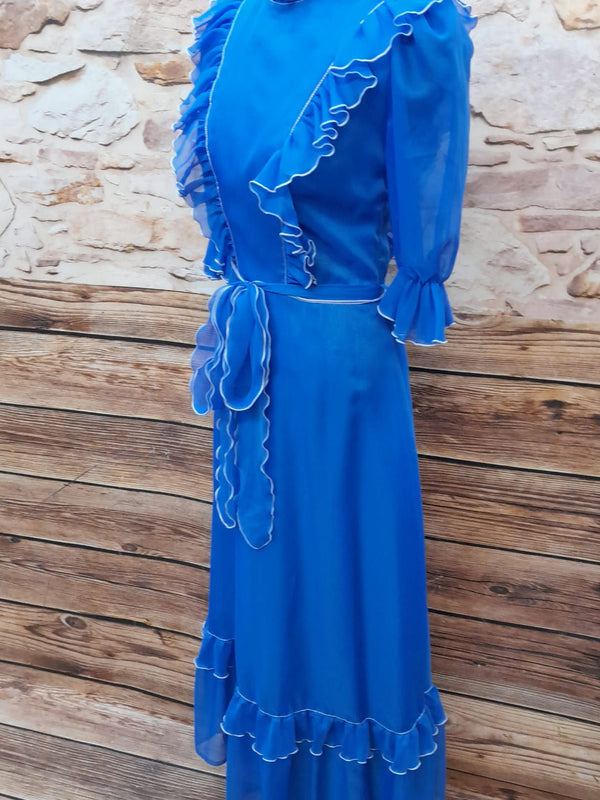 Vintage Rüschenkleid lang, blau Gr.34/36
