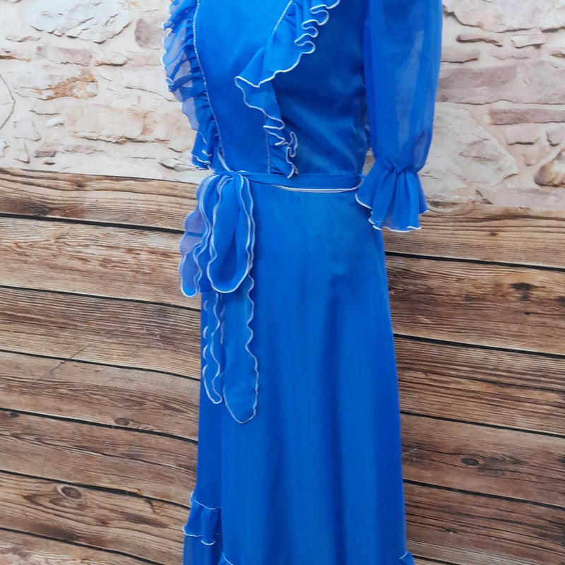 Vintage Rüschenkleid lang, blau Gr.34/36